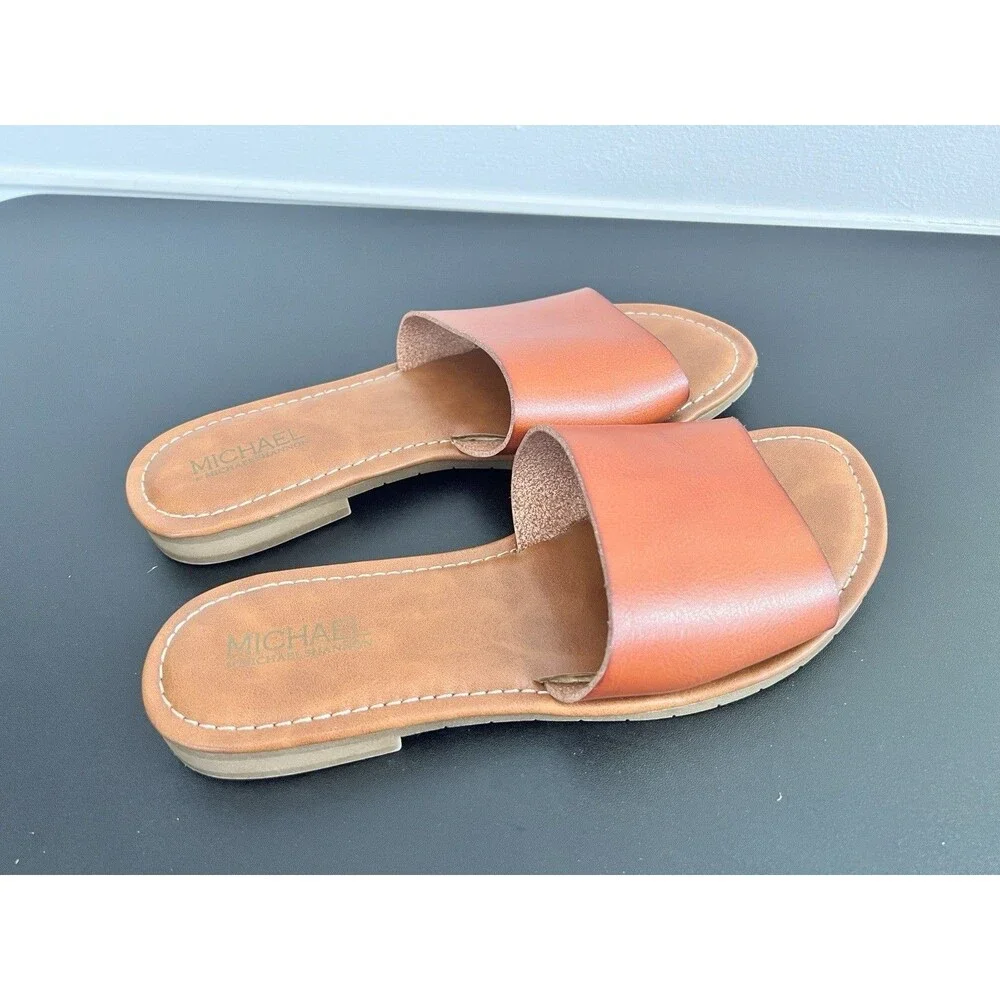 Women’s Michael By Michael Shannon Size 9 Tan Cognac Brown Slide Sandal Flat ￼